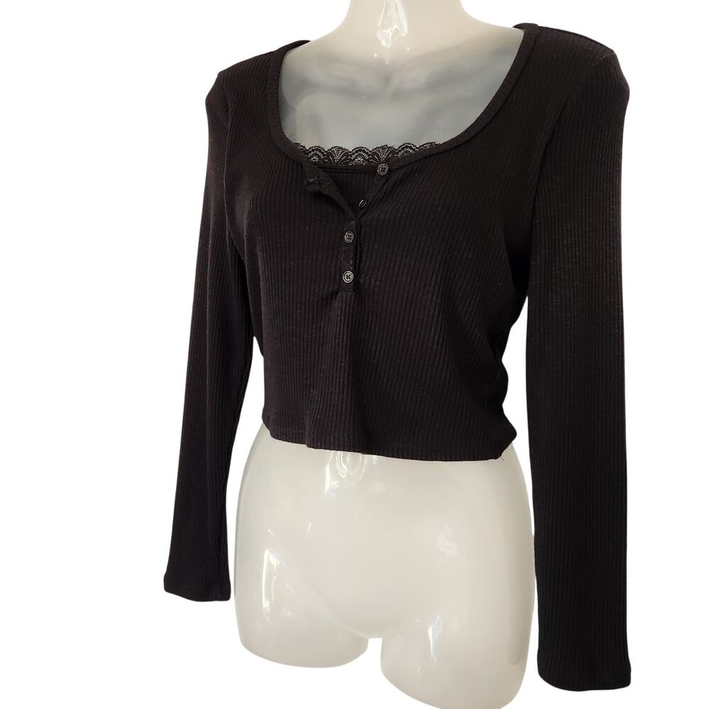 Frankee & Skylarr Brown Knit Rib Button Front Long Sleeve Crop Top Size Medium